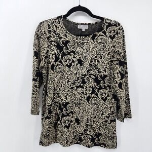 JM Collection Petite Medium Blouse 3/4 Sleeve‎ Black Beige Floral Paisley Print